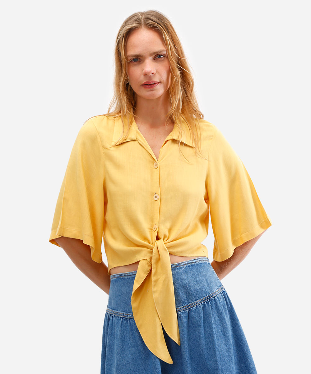 camisa cropped feminina de viscose com amarração amarela