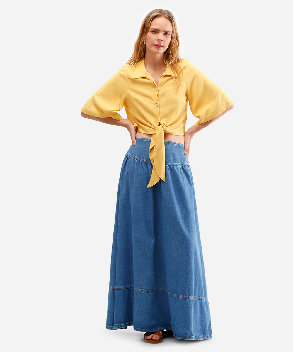 camisa cropped feminina de viscose com amarração amarela