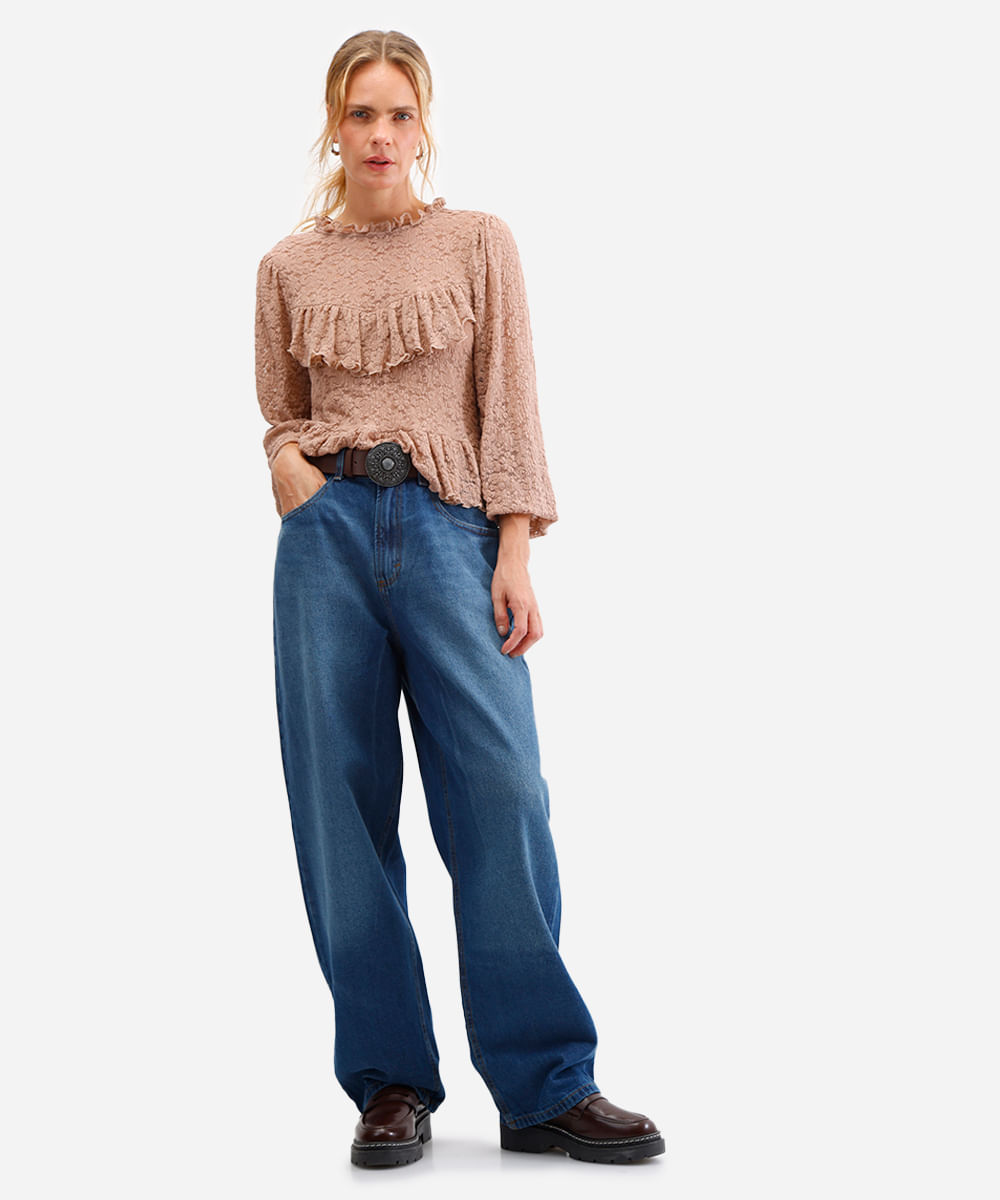 calça wide leg feminina jeans cintura média azul