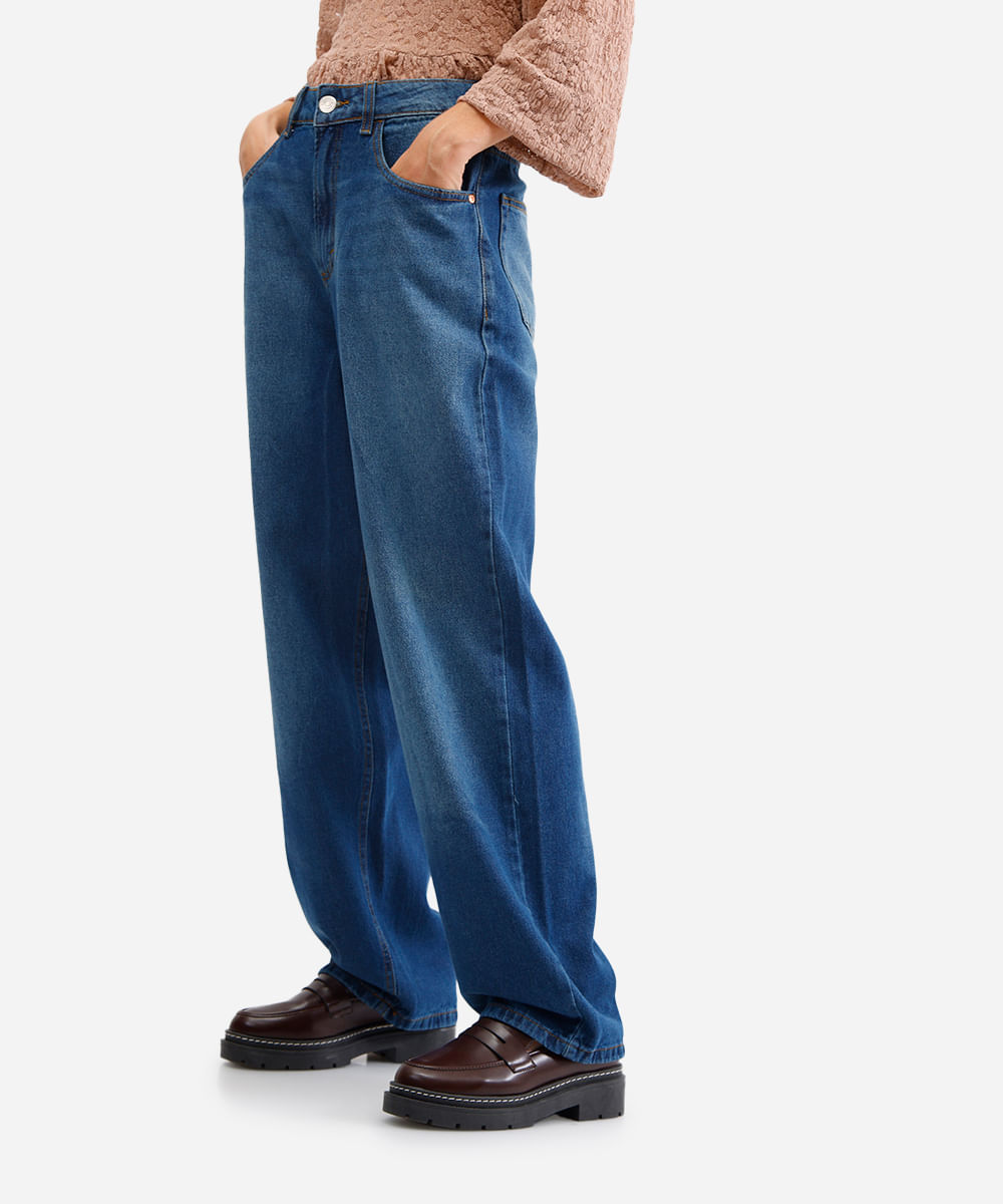 calça wide leg feminina jeans cintura média azul