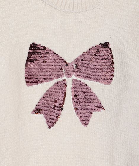 suéter de tricot infantil com laço de paetê bege