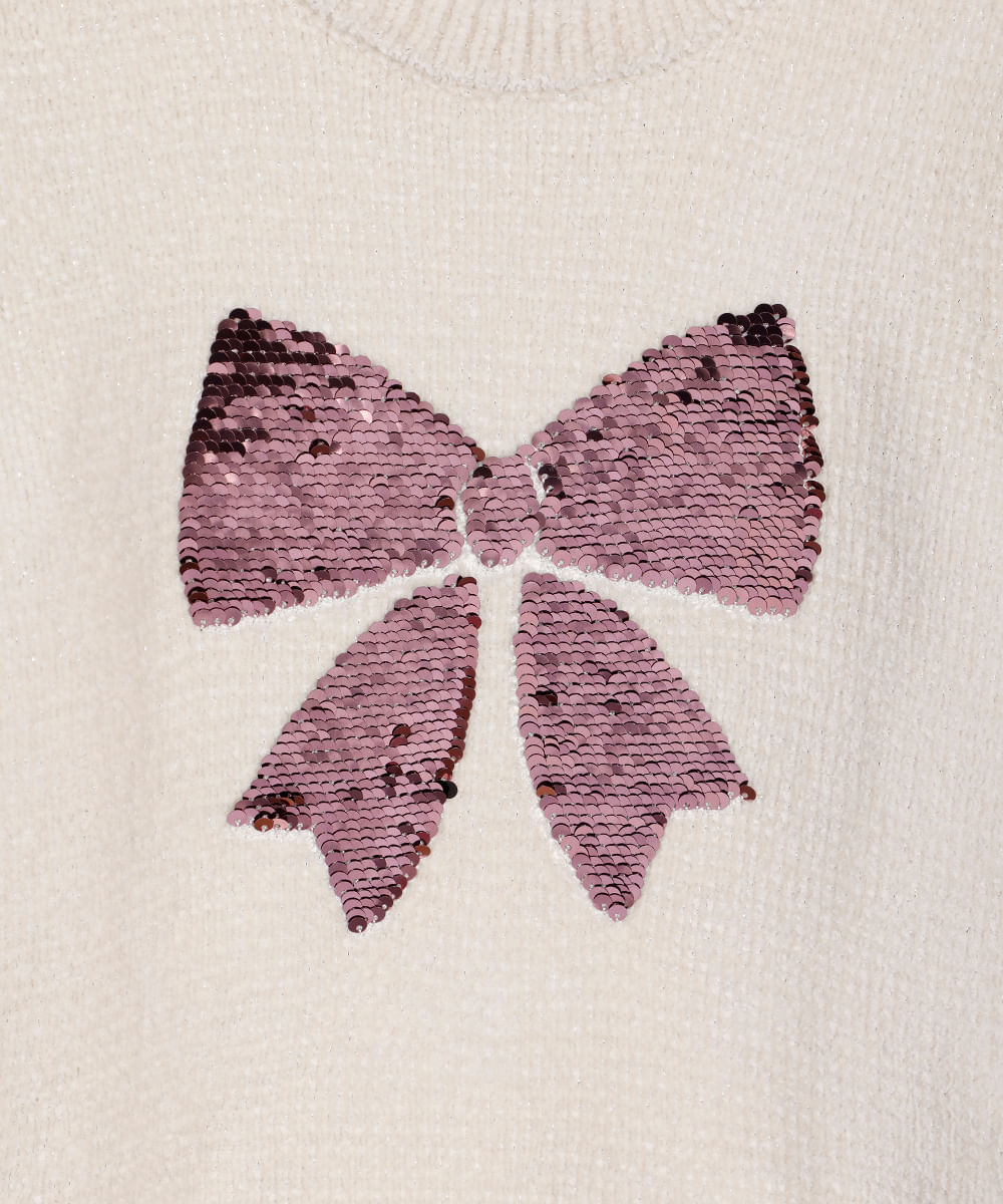 suéter de tricot infantil com laço de paetê bege