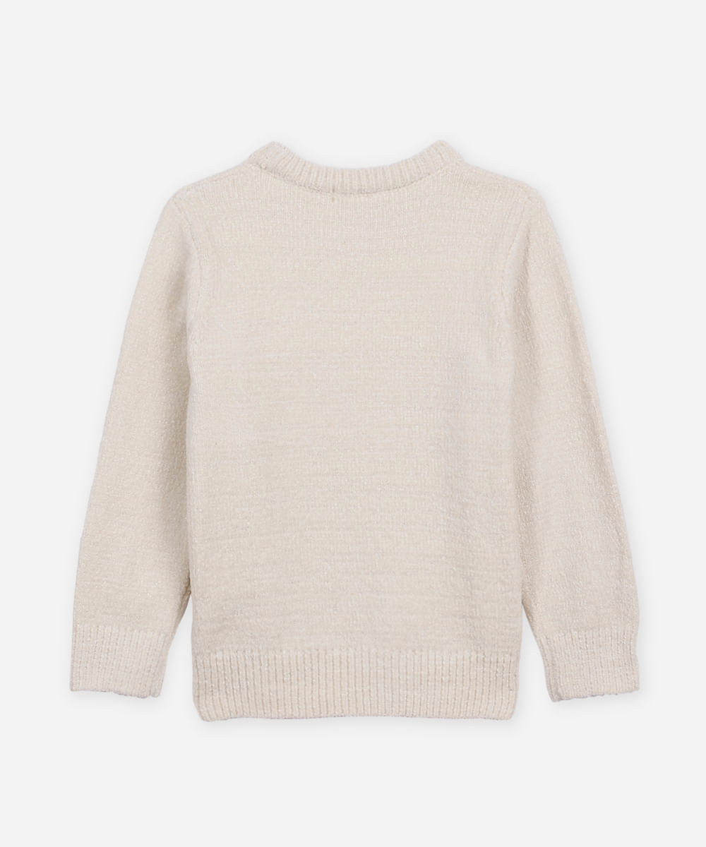 suéter de tricot infantil com laço de paetê bege