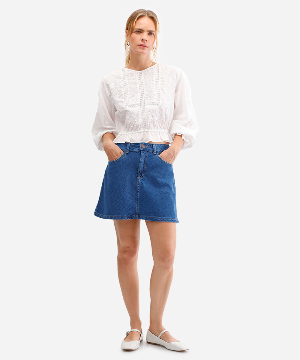 saia curta feminina evasê jeans azul