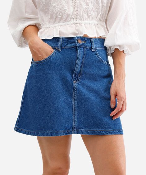 saia curta feminina evasê jeans azul