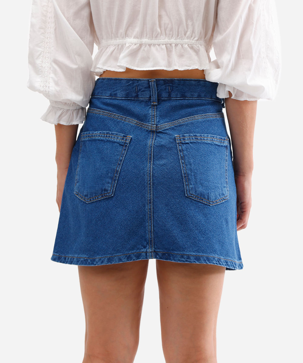 saia curta feminina evasê jeans azul