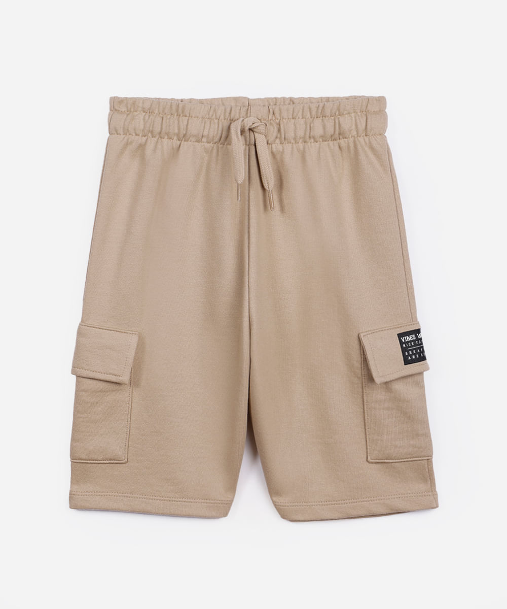bermuda de moletom juvenil bolsos cargo bege