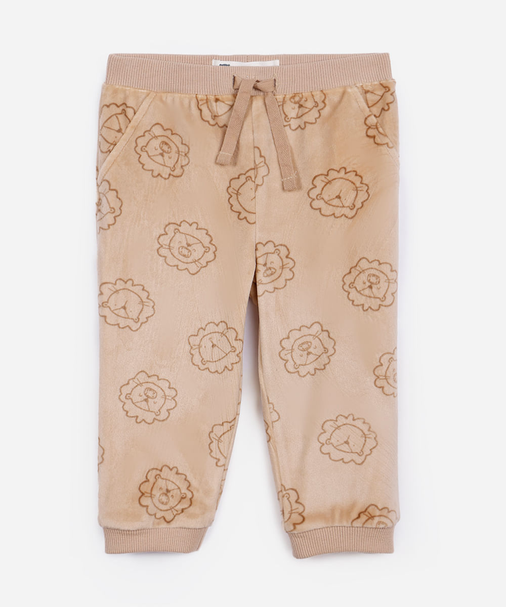 calça jogger infantil de pelúcia leãozinho bege