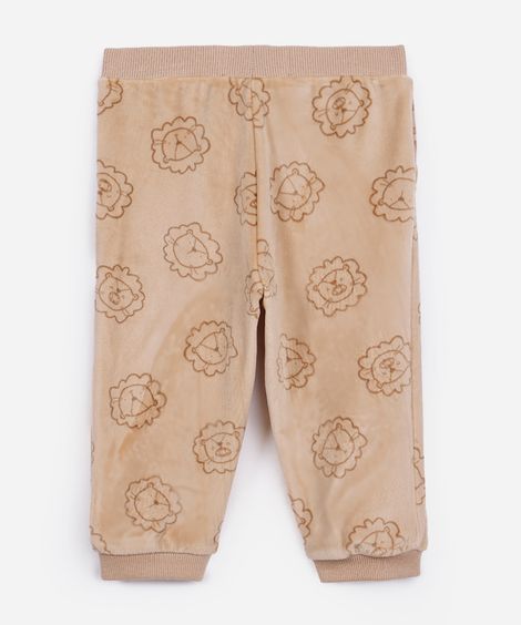calça jogger infantil de pelúcia leãozinho bege