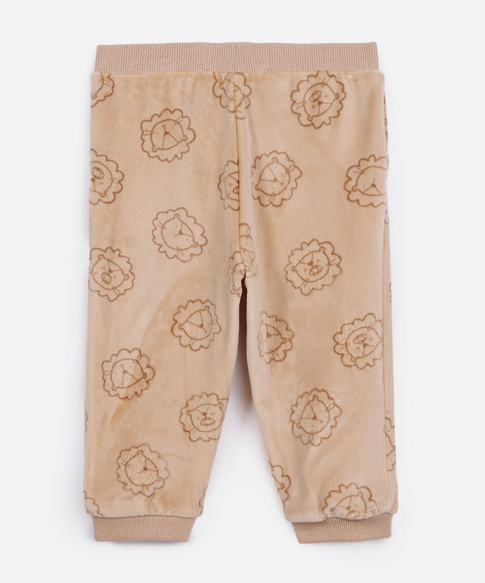 calça jogger infantil de pelúcia leãozinho bege