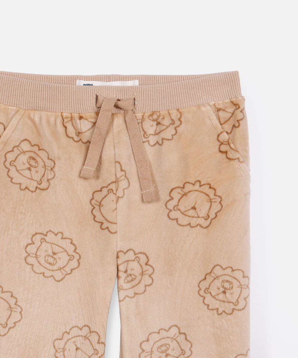 calça jogger infantil de pelúcia leãozinho bege