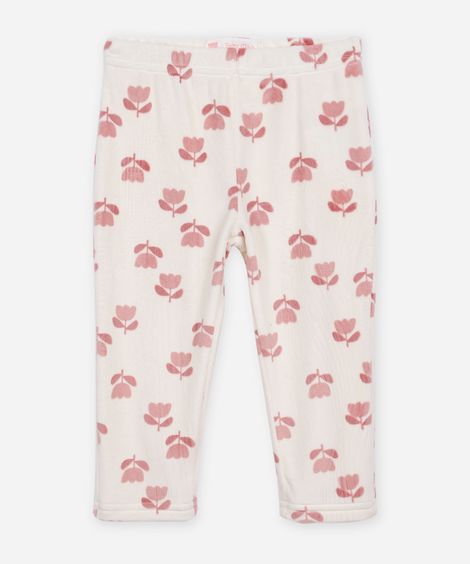calça reta infantil de plush floral off white