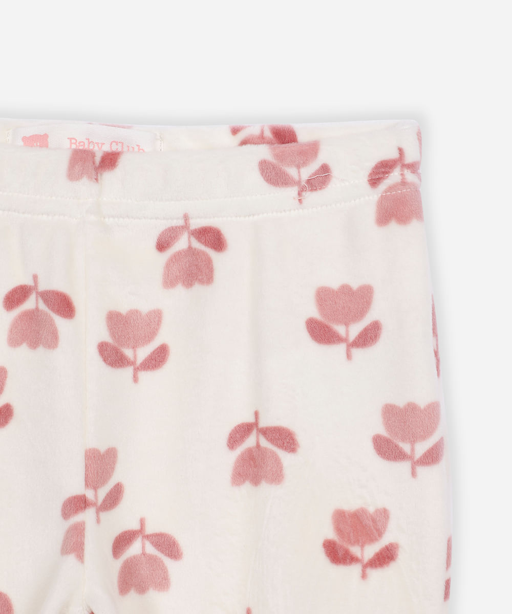 calça reta infantil de plush floral off white