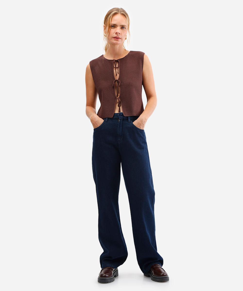 regata de tricot com amarração marrom