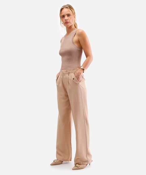 calça wide leg feminina com viscose bege
