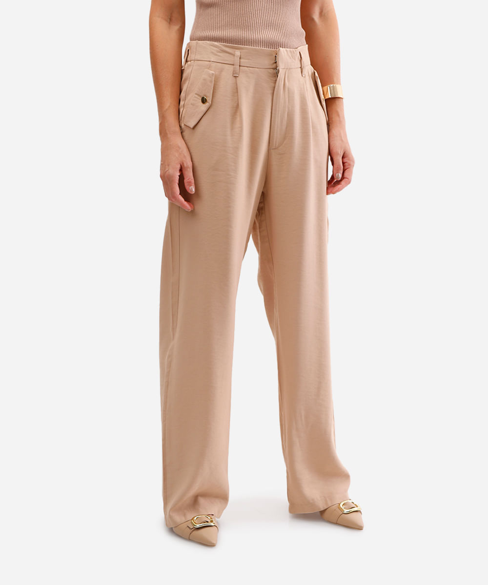 calça wide leg feminina com viscose bege