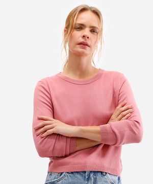 suéter de tricô básico decote redondo rosa