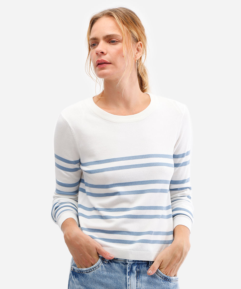 suéter básico feminino de tricot listrado azul