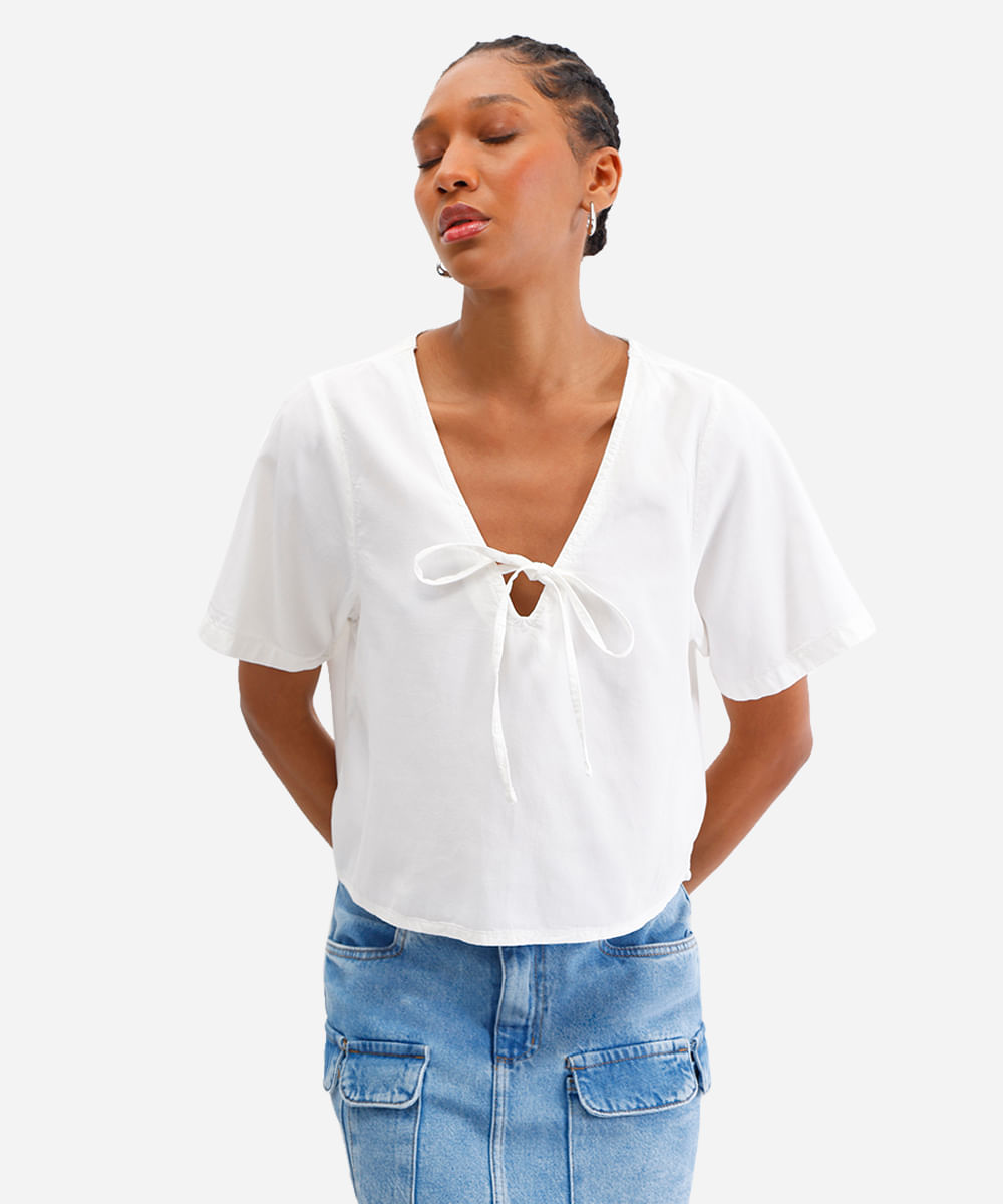 blusa feminina de liocel com amarração off white