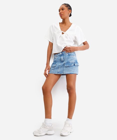 saia curta feminina jeans com bolsos cargo azul