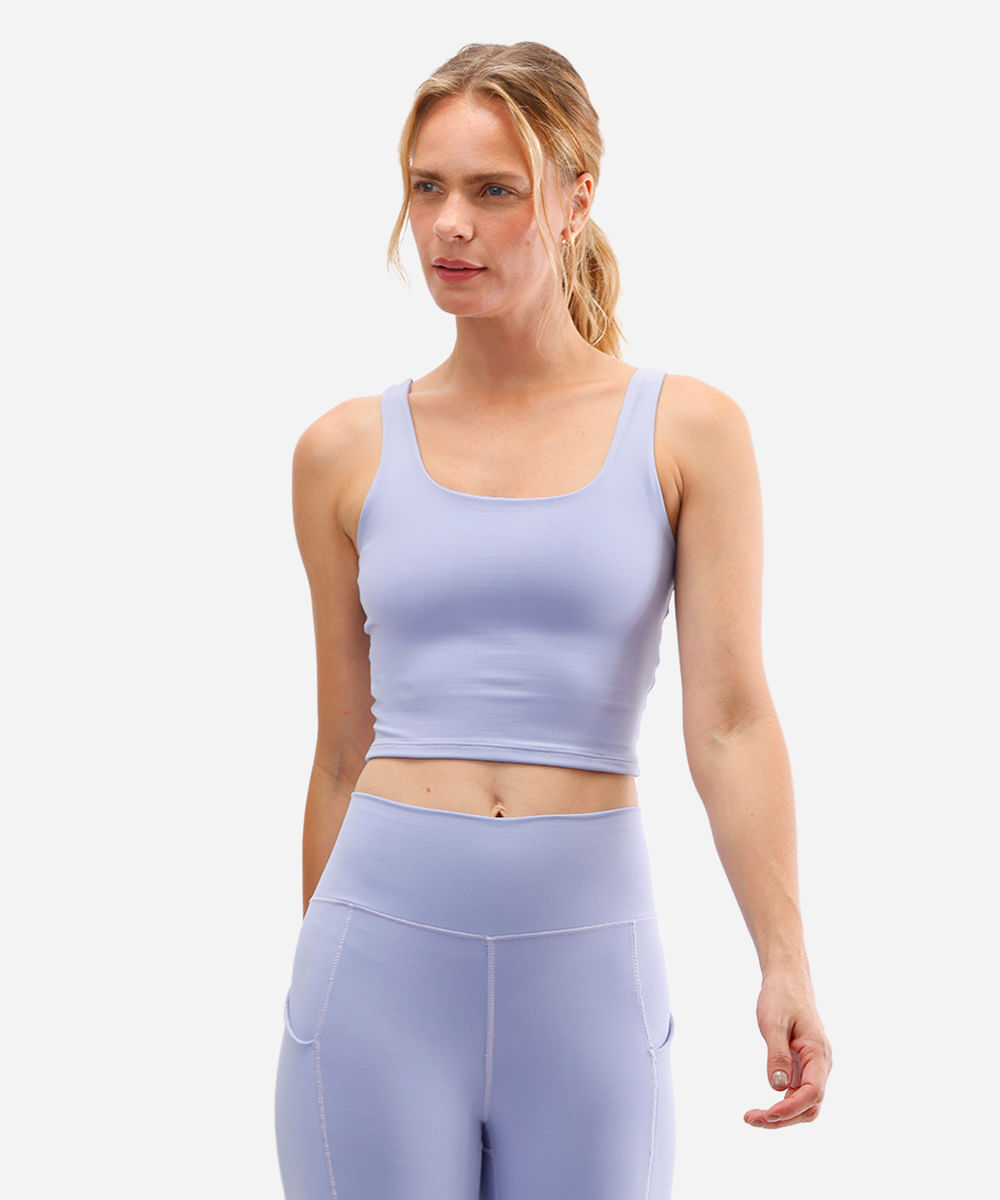 cropped feminino esportivo decote quadrado lilás