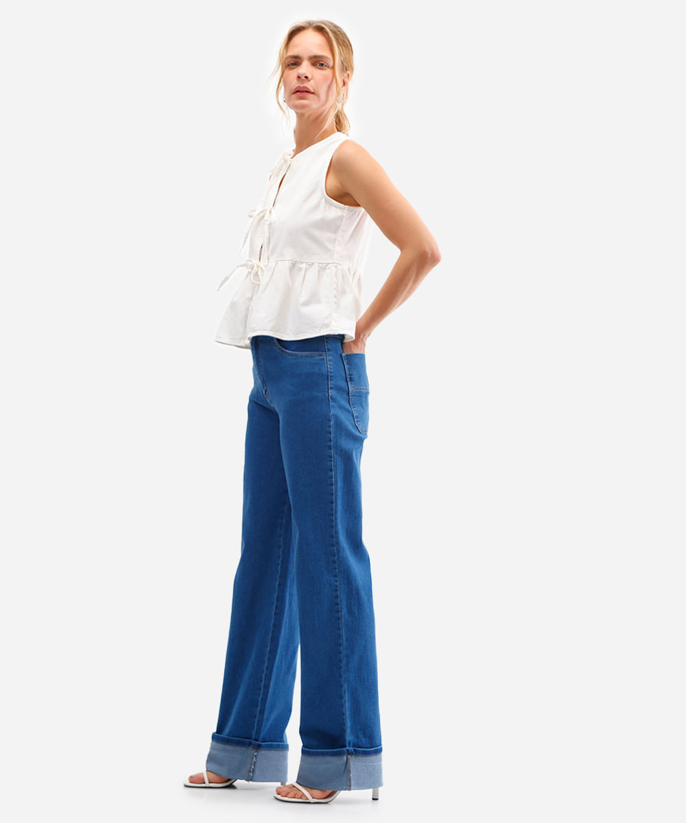 calça wide leg feminina jeans com barra virada sawary azul
