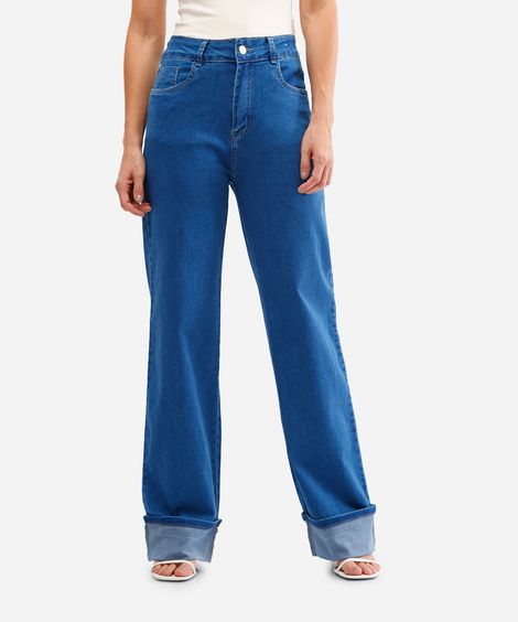 calça wide leg feminina jeans com barra virada sawary azul