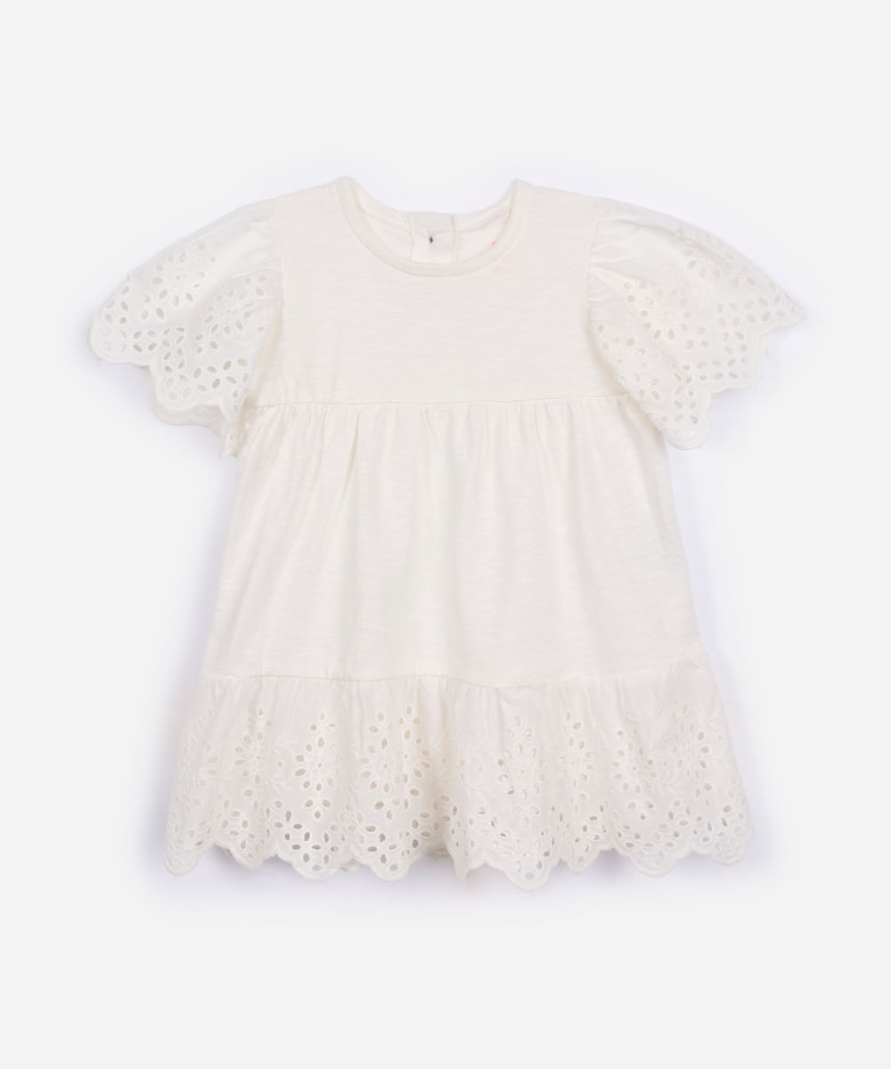 vestido de algodão infantil com laise floral off white