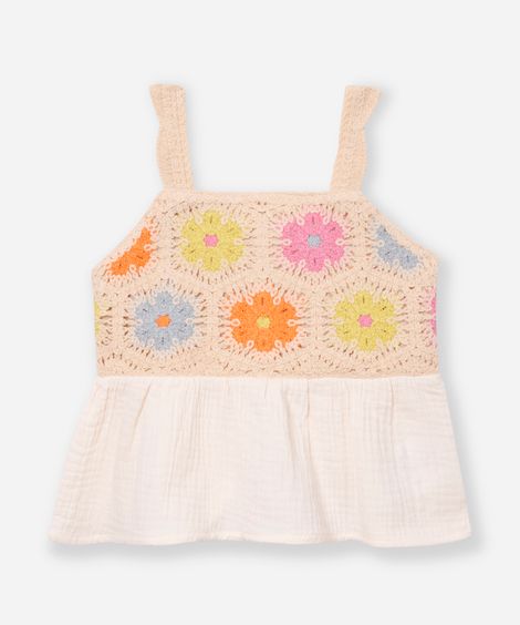 bata de viscose infantil com crochê floral bege
