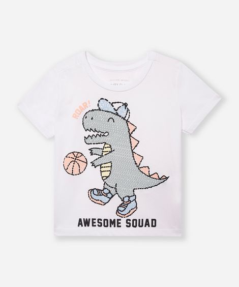 camiseta de algodão infantil dinossauro branca