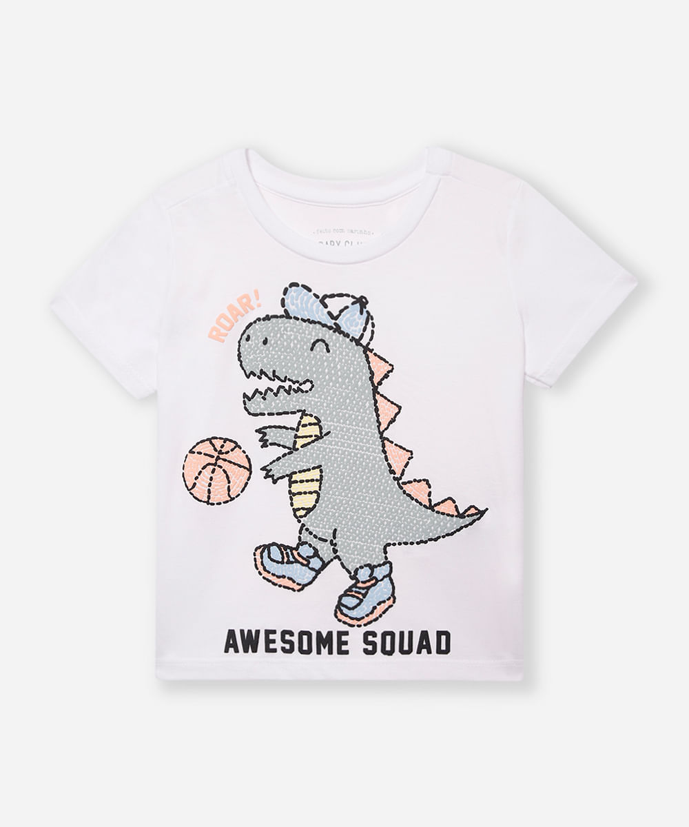 camiseta de algodão infantil dinossauro branca