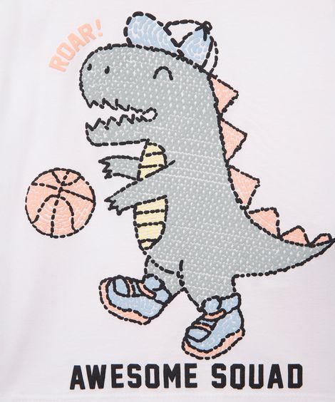 camiseta de algodão infantil dinossauro branca