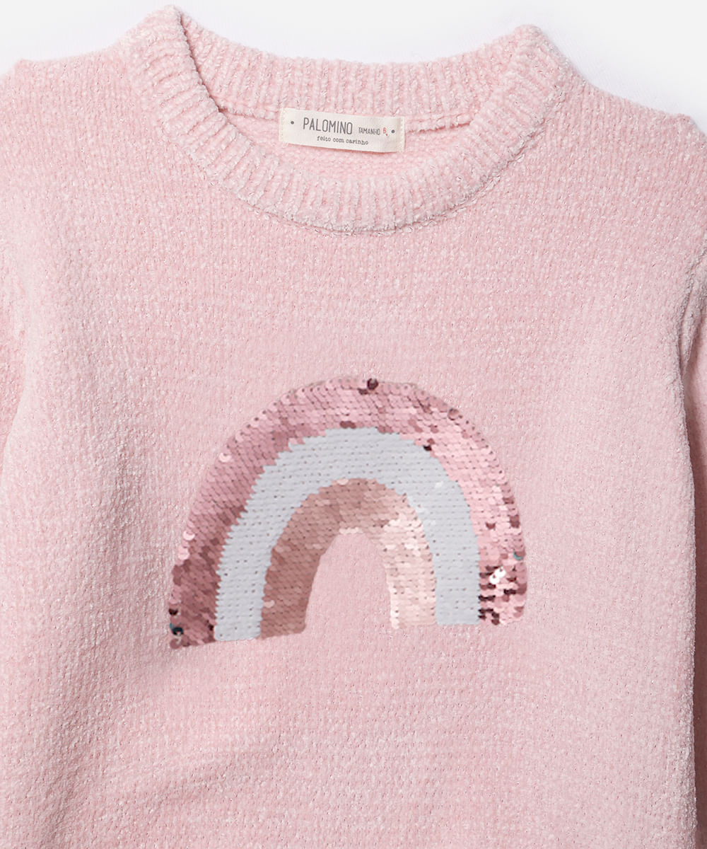 suéter infantil de tricot com bordado paetê rosa