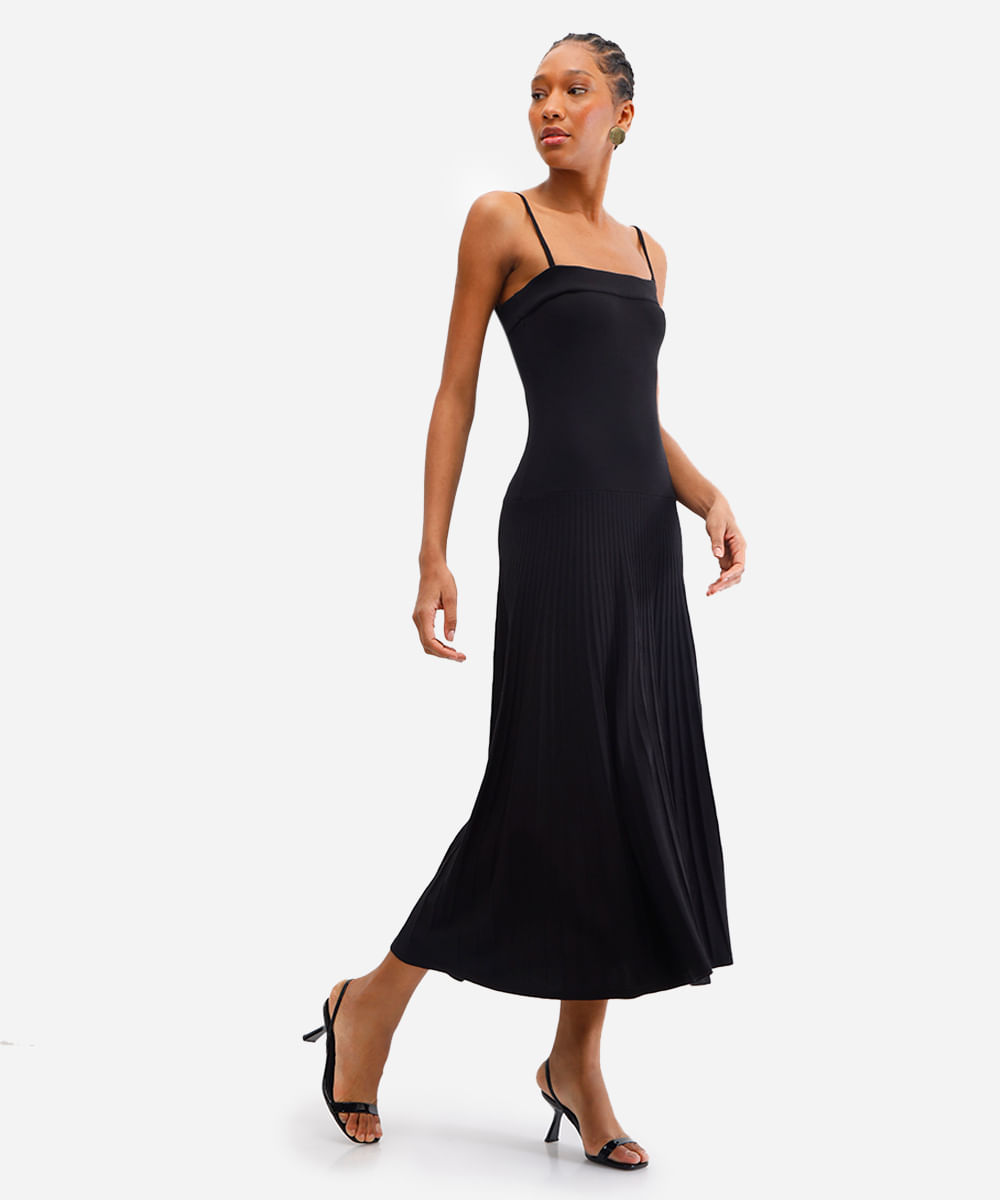 vestido longo feminino de tricot canelado preto