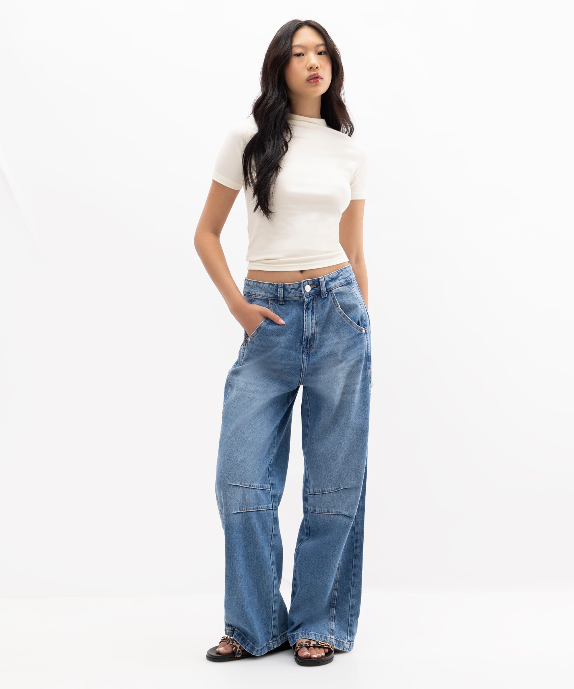 calça oversized feminina jeans cintura média azul