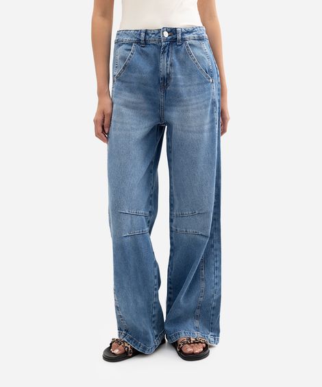 calça oversized feminina jeans cintura média azul