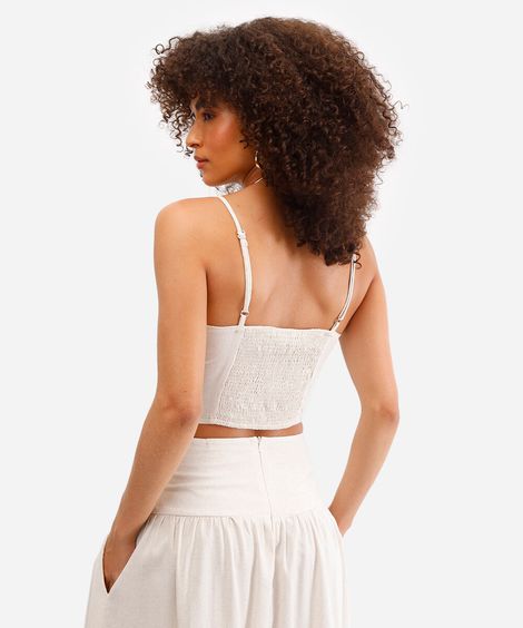 cropped feminino com linho decote coração bege