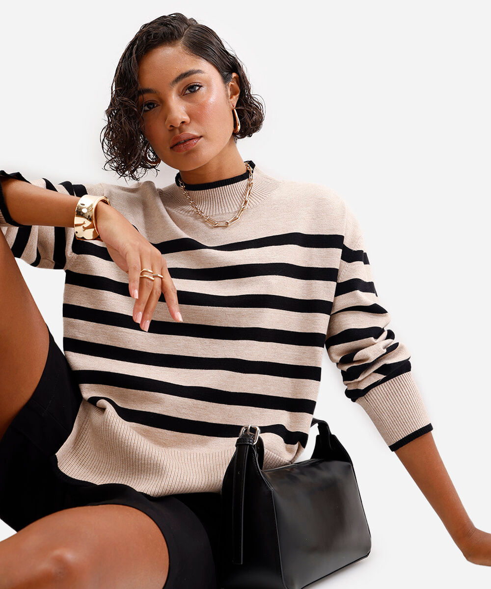 suéter de tricot manga longa listrado - bege