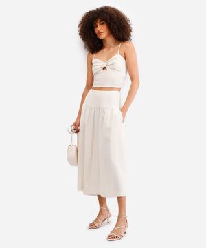 saia midi feminina com linho bege