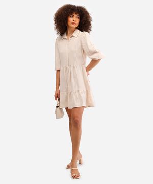 vestido chemise com linho listrado bege