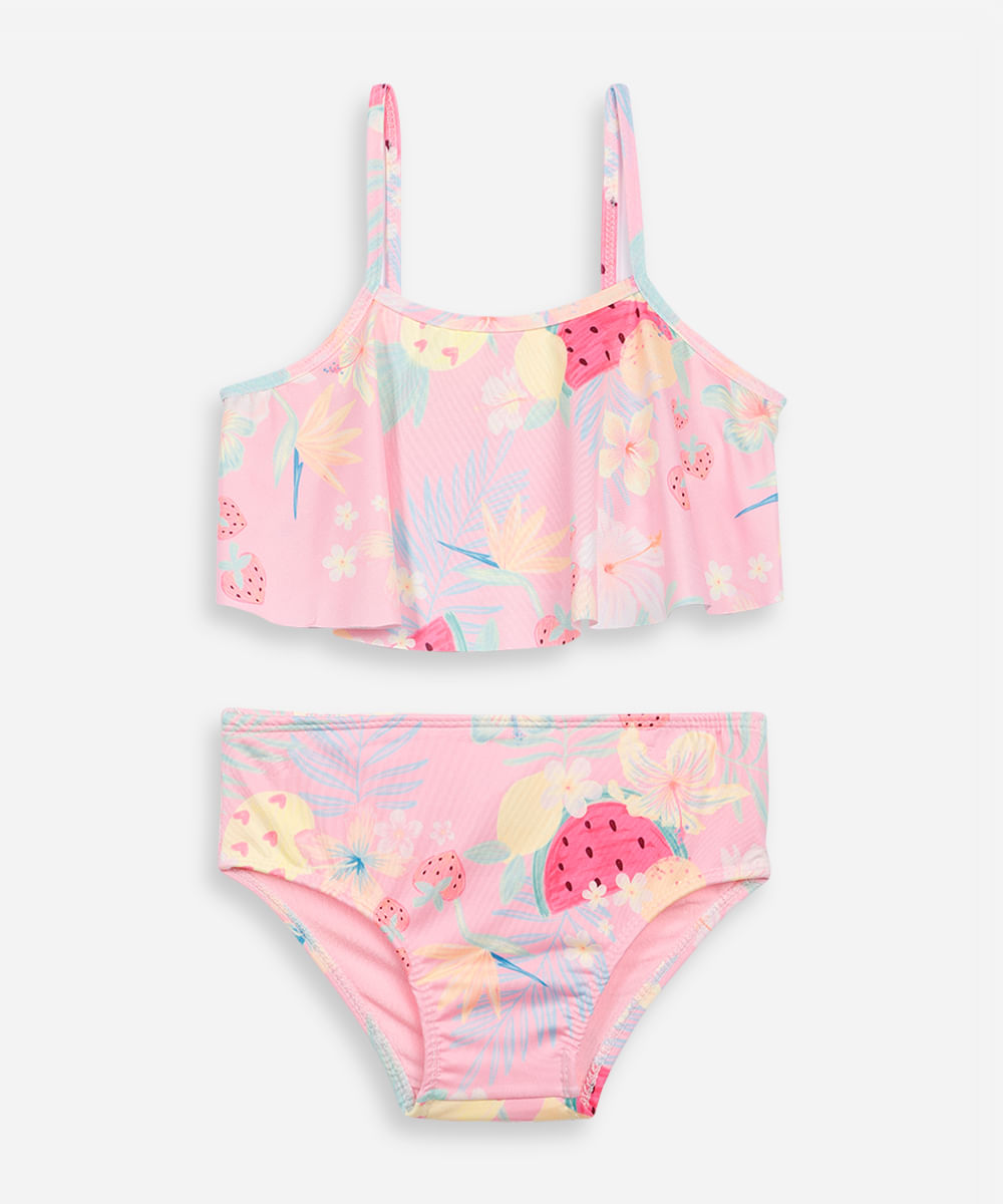 biquíni infantil decote quadrado floral rosa