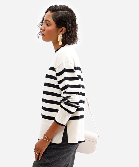 suéter de tricot manga longa listrado off white