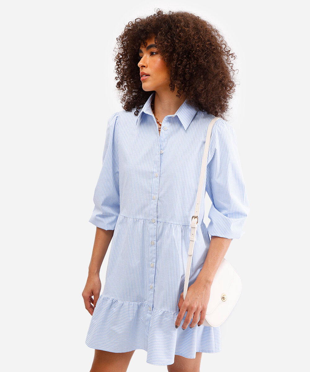 chemise de algodão manga bufante listrado azul