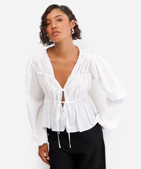 blusa feminina de algodão manga bufante off white