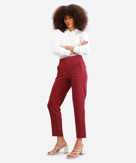 calça de alfaiataria feminina com pences vinho