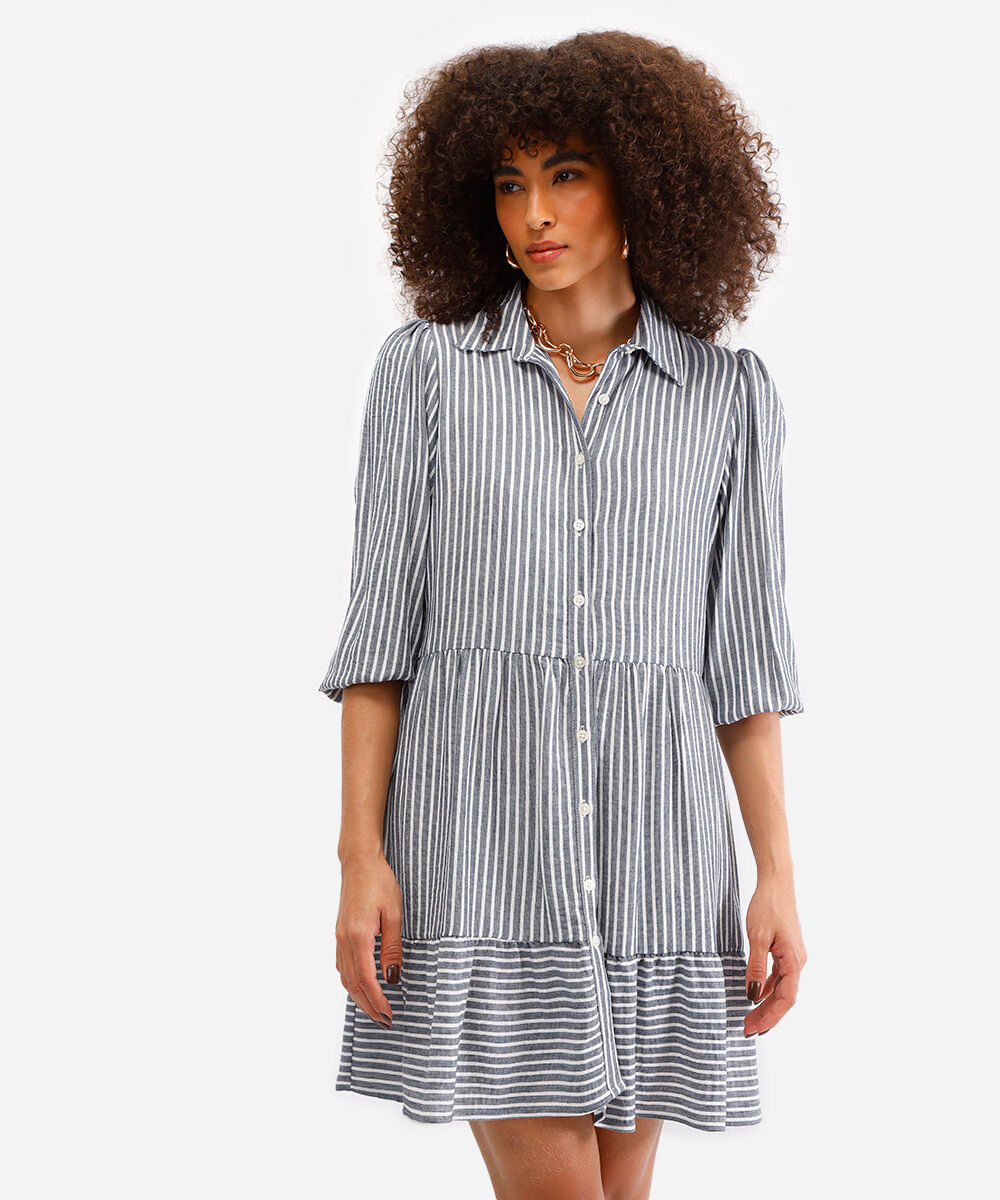 vestido chemise com linho listrado azul