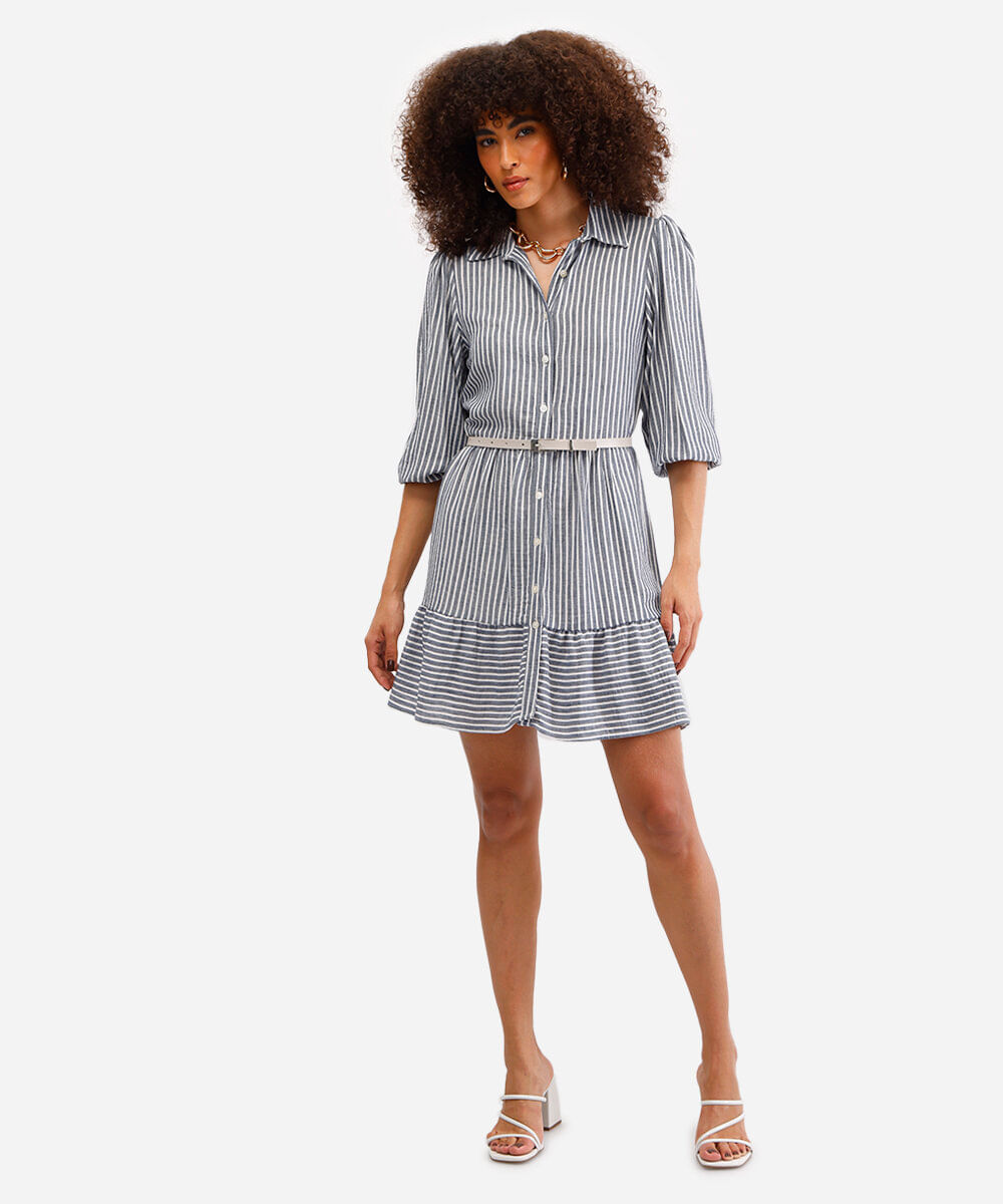 vestido chemise com linho listrado azul