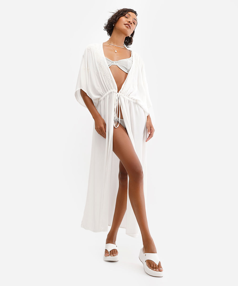 kaftan saída de praia feminino com bordado off white
