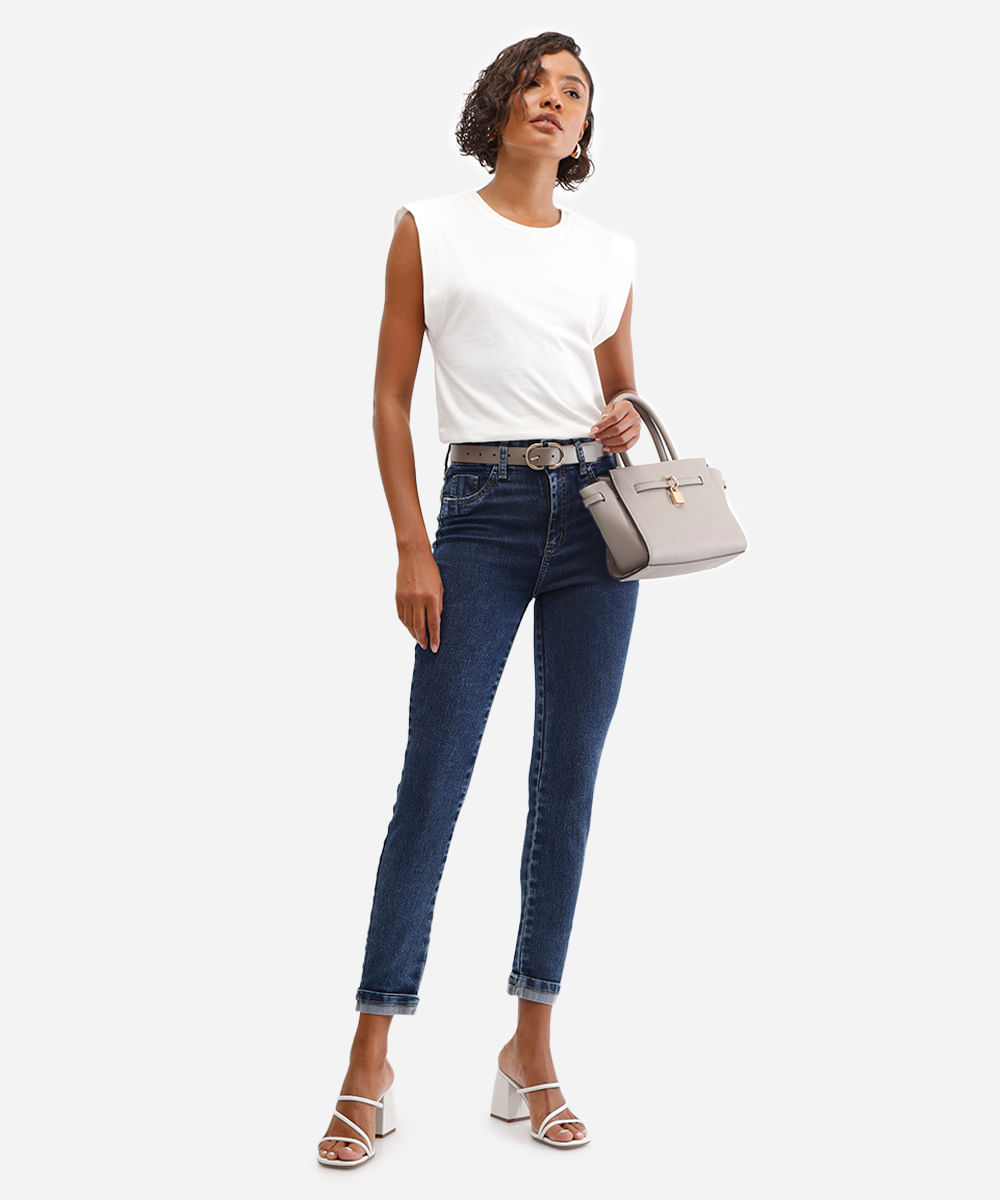 calça skinny feminina jeans barra dobrada sawary azul