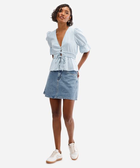 saia curta feminina jeans evasê azul